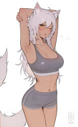 1girl absurdres adidas animal_ear_fluff animal_ears armpits arms_behind_head arms_up breasts collarbone commission dark-skinned_female dark_skin grey_hair grey_sports_bra highres long_hair navel one_eye_closed original parted_lips quilm simple_background solo sports_bra sports_panties standing stomach tail white_background yellow_eyes