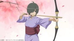 1girl arrow_(projectile) black_hair bow_(weapon) dungeon_ni_deai_wo_motomeru_no_wa_machigatteiru_darou_ka highres hitachi_chigusa holding holding_weapon japanese_clothes kimono official_art one_eye_covered purple_kimono short_hair weapon