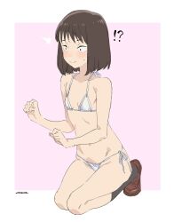 Rule 34 | !?, 1girl, bikini, black hair, blush, brown shoes, female focus, flat chest, halterneck, highres, iwakura mitsumi, kneeling, loafers, medium hair, mudou eichi, shoes, side-tie bikini bottom, signature, skip to loafer, smile, socks, solo, surprised, sweatdrop, swimsuit, white bikini
