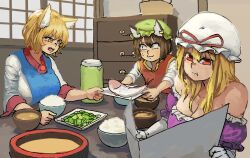 &lt;|&gt;_&lt;|&gt; 3girls :3 animal_ear_piercing animal_ears blonde_hair blue_tabard bowl breasts brown_hair cat_ears chanta_(ayatakaoisii) chen chest_of_drawers cleavage closed_mouth dress fish food fox_ears fox_girl gloves green_hat hat highres holding holding_stuffed_toy indoors large_breasts long_hair looking_at_another mob_cap multiple_girls nekomata no_headwear off_shoulder purple_dress reading red_eyes rice rice_bowl sanpaku short_hair slice_of_life stuffed_toy sweatdrop tabard table touhou white_gloves white_hat yakumo_ran yakumo_yukari yellow_eyes