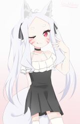 Rule 34 | absurdres, animal ears, black skirt, flat chest, fox ears, fox girl, fox tail, highres, kitsune, long hair, miniskirt, one eye closed, pink background, red eyes, ribbon, sewayaki kitsune no senko-san, shiro (sewayaki kitsune no senko-san), sizuimikoto, skirt, smile, socks, tail, white background, white hair, white socks