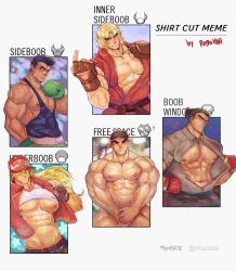 5boys abs bandaid bandaid_on_cheek bandaid_on_face bara bare_pectorals baseball_cap beckoning black_tank_top blonde_hair blush boxing_gloves character_request clothes_lift completely_nude covering_privates covering_crotch dark-skinned_male dark_skin dougi english_text glowing glowing_eye grey_shirt hat head_tilt headband highres jacket ken_masters large_pectorals little_mac long_hair looking_at_viewer male_focus mature_male meme multiple_boys multiple_drawing_challenge muscular muscular_male navel nipple_slip nipples nude open_clothes open_jacket open_shirt pectoral_cleavage pectorals robokeh ryu_(street_fighter) scar scar_on_chest shirt shirt_cut_meme shirt_cut_meme shirt_lift short_hair sideburns stomach street_fighter sweat tank_top thick_thighs thighs veins