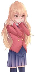 Rule 34 | 1girl, absurdres, adjusting hair, aisaka taiga, blazer, blonde hair, blue skirt, blue thighhighs, blush, dot nose, embarrassed, eyebrows hidden by hair, feet out of frame, female focus, hand on own face, highres, jacket, long hair, long sleeves, looking afar, looking to the side, matching hair/eyes, meemz a, red jacket, school uniform, shirt, simple background, skirt, solo, standing, thighhighs, toradora!, white background, white shirt, yellow eyes