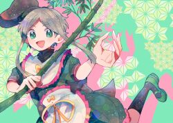 1girl apron asa_no_ha_(pattern) back_bow bamboo bamboo_shoot black_bow black_hat black_socks bow buttons dress fingernails frills green_background green_dress green_eyes green_shoes grey_hair hands_up hat holding holding_bamboo_shoot itomugi-kun leaf leg_up looking_at_viewer open_mouth puffy_short_sleeves puffy_sleeves ribbon shadow shoes short_hair_with_long_locks short_sleeves smile socks solo standing standing_on_one_leg teireida_mai touhou white_apron yellow_bow yellow_ribbon