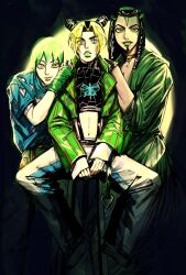 3girls absurdres black_hair blonde_hair choker commentary_request double_bun dreadlocks ermes_costello facial_tattoo foo_fighters_(jojo) green_eyes green_hair green_jacket green_lips hair_bun head_on_another&#039;s_shoulder highres jacket jojo_no_kimyou_na_bouken kimeohandream kuujou_jolyne midriff multicolored_hair multiple_girls navel orange_choker parted_lips short_hair sitting smile stone_ocean stool tattoo two-tone_hair yellow_eyes yellow_lips