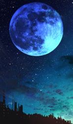 absurdres amatsuki_rei blue_theme cityscape commentary_request full_moon highres monochrome moon night night_sky no_humans original outdoors scenery signature silhouette sky star_(sky) starry_sky