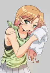 Rule 34 | 1girl, bare arms, bare shoulders, black undershirt, collarbone, green eyes, green shirt, grey background, highres, kippei, light blush, long hair, looking at viewer, open mouth, orange hair, pleated skirt, ruri no houseki, shirt, simple background, skirt, solo, tanigawa ruri, towel, water drop, wet, white skirt