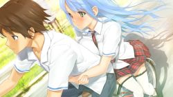 1boy 1girl bicycle bishoujo_mangekyou bishoujo_mangekyou:_wasurenagusa_to_eien_no_shoujo bishoujo_mangekyou_(series) blue_hair blush breast_press breasts breasts_on_another&#039;s_back brown_hair couple game_cg happoubi_jin hetero hug hug_from_behind kanzaki_akihito long_hair multiple_riders necktie plaid_clothes plaid_skirt riding sawatari_shizuku sidesaddle skirt thighhighs yellow_eyes