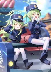 2girls absurdres aviary blue_archive blue_sky blush breasts demon_tail green_hair green_halo halo hat highlander_railway_academy_logo highres hikari_(blue_archive) looking_at_viewer missile multiple_girls nozomi_(blue_archive) siblings sitting sky small_breasts tail train twins twintails yellow_eyes