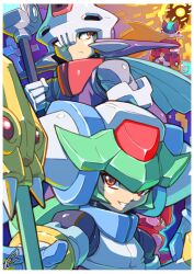 1boy 1girl android armor bad_id bad_pixiv_id blonde_hair border brother_and_sister commentary dated english_commentary gloves green_hair grey_(mega_man) helmet highres holding holding_weapon long_hair mega_man_(series) mega_man_zx mega_man_zx_advent model_a_(mega_man) model_w_(mega_man) model_zx_(mega_man) pandora_(mega_man) power_armor prometheus_(mega_man) purple_helmet red_eyes siblings signature skull-shaped_hat smile staff tomycase weapon white_border white_helmet