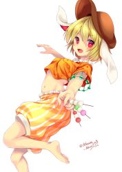 1girl :d animal_ears ass barefoot blonde_hair breasts brown_hat chikuwa_savy commentary_request crop_top dango flat_cap floppy_ears food foot_out_of_frame from_side hat highres large_breasts looking_at_viewer midriff navel open_mouth orange_shirt rabbit_ears rabbit_girl red_eyes ringo_(touhou) sanshoku_dango shirt short_hair short_sleeves shorts simple_background smile soles solo standing standing_on_one_leg striped_clothes striped_shorts touhou twitter_username vertical-striped_clothes vertical-striped_shorts wagashi white_background yellow_shorts