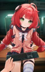 1boy 1girl absurdres black_choker black_sailor_collar black_skirt blue_thighhighs bow bowtie braid breasts cardigan choker closed_mouth commentary comodox computer_keyboard english_commentary green_eyes hetero highres indoors large_variant_set loli long_hair long_sleeves looking_at_viewer miniskirt paid_reward_available pink_cardigan pleated_skirt pov pov_hands red_hair sailor_collar single_thighhigh sitting skirt small_breasts solo_focus striped_clothes striped_thighhighs thigh_strap thighhighs twin_braids ukinami_yuzuha variant_set white_bow white_bowtie zenless_zone_zero