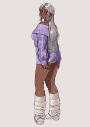 1girl bare_shoulders blush dark-skinned_female dark_elf dark_skin earrings elf from_behind full_body grey_background grey_hair highres hoop_earrings jewelry kneehighs kneepits long_hair looking_at_viewer looking_back loose_socks nail_polish no_pants off-shoulder_sweater off_shoulder original panties panty_peek pointy_ears purple_nails purple_sweater red_eyes ring shoes simple_background socks solo standing sunna_(nilsunna) sweater underwear white_panties white_shoes white_socks