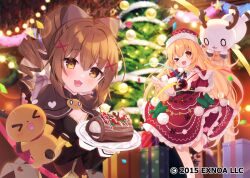 &gt;_&lt; &gt;_o 2girls :d ;d black_shirt blonde_hair blurry blurry_background bow box breasts brown_bow brown_capelet brown_eyes brown_hair capelet christmas christmas_ornaments christmas_tree cleavage closed_eyes depth_of_field dress drill_hair flower_knight_girl fur-trimmed_capelet fur_trim gift gift_box hair_between_eyes hair_bow hat holding holding_plate holly_(flower_knight_girl) indoors long_hair medium_breasts multiple_girls official_art one_eye_closed open_mouth party_popper plate poinsettia_(flower_knight_girl) red_capelet red_dress red_eyes santa_costume santa_hat shirt side_drill side_ponytail smile standing standing_on_one_leg umeko_machi very_long_hair xd yule_log_(cake)