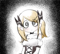 1girl black_bow black_choker black_eyes blonde_hair bow bow_choker breasts bright_pupils choker collarbone corset dress hair_bow hair_ornament hairclip long_hair looking_at_viewer mad_mex medium_breasts mole mole_under_eye open_mouth original puffy_short_sleeves puffy_sleeves short_sleeves solo twintails upper_body white_pupils