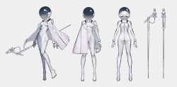 1girl absurdres ass breasts coat covered_navel from_behind full_body helmet highres holding holding_staff microphone multiple_views original simple_background small_breasts space_helmet staff standing tokiki_(tomok1) white_background white_coat