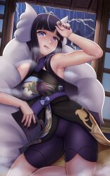 1girl alternate_costume arm_up armpits black_dress black_hair blunt_bangs dress electricity elesa_(pokemon) fake_horns floral_print hand_on_own_head highres horns japanese_clothes kimono licking_lips light_smile lightning multicolored_hair negaska nintendo official_alternate_costume pokemon pokemon_bw pokemon_bw2 pokemon_masters_ex purple_eyes purple_nails rain sash seiza shawl shorts sidelocks sitting streaked_hair tongue tongue_out wet