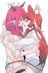 2girls after_kiss alternate_costume animal_ears black_hair blush bow ear_blush energy_wings extra_ears hakos_baelz halo highres hololive hololive_english horns irys_(hololive) long_hair mouse_ears mouse_girl mouse_tail multicolored_hair multiple_girls open_mouth pointy_ears purple_hair ramphastostella red_hair saliva saliva_trail sweat tail tail_bow tail_ornament tongue tongue_out virtual_youtuber white_hair wings yuri