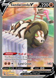 Rule 34 | 1girl, 1other, animal focus, artist name, belt, black belt, black gloves, black shoes, bracelet, card (medium), character name, closed eyes, closed mouth, company name, copyright name, copyright notice, english text, fangs, fingerless gloves, gen 8 pokemon, gloves, grey skirt, head out of frame, indoors, jewelry, narumi sato, navel, nintendo, nostrils, official art, pantyhose, pink pantyhose, pokemon, pokemon (creature), pokemon card, pokemon focus, pokemon swsh, pokemon tcg, radiator, rug, sandaconda, shoes, sitting, skin fangs, skirt, sleeping, solo focus, spiked bracelet, spikes, team yell grunt, team yell grunt (female), third-party source, torn clothes, torn pantyhose, torn skirt, trading card, wooden chair, wooden floor