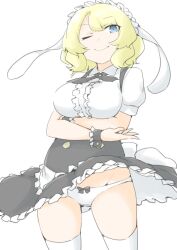 1girl akara_kai animal_ears apron black_hairband black_skirt blonde_hair blue_eyes breasts colorado_(kancolle) cosplay cowboy_shot crossed_arms fleur_de_lapin_uniform frilled_apron frilled_hairband frilled_shirt frills gochuumon_wa_usagi_desu_ka? hairband highres kantai_collection kirima_syaro kirima_syaro_(cosplay) large_breasts look-alike maid maid_apron maid_headdress one_eye_closed panties puffy_short_sleeves puffy_sleeves rabbit_ears shirt short_hair short_sleeves skirt solo suspender_skirt suspenders thighhighs underbust underwear waist_apron waitress white_apron white_panties white_shirt white_thighhighs wrist_cuffs