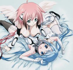 2girls ahoge bare_shoulders black_thighhighs blue_eyes blue_hair breasts broken broken_chain chain cleavage collar commentary_request dress feathered_wings garter_straps green_eyes ikaros large_breasts long_hair lying lying_on_person multiple_girls nymph_(sora_no_otoshimono) official_art on_back open_mouth pink_hair robot_ears small_breasts sora_no_otoshimono strapless strapless_dress thighhighs twintails very_long_hair watanabe_yoshihiro white_dress white_footwear white_thighhighs white_wings wings yuri zettai_ryouiki