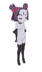 1girl arthropod_girl black_choker black_eyes black_hair blush boots bow breasts choker cleft_of_venus colored_skin extra_arms extra_eyes fangs full_body hair_bow high_heel_boots high_heels highres horns i_am_a_spacebar insect_girl monster_girl muffet navel nipples no_pupils nude purple_skin pussy red_bow short_twintails simple_background small_breasts solo spider_girl standing thigh_boots twintails undertale white_background