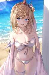 Rule 34 | 1girl, bare shoulders, beach, bikini, blonde hair, blue eyes, breasts, cleavage, collarbone, europa (granblue fantasy), europa (summer) (granblue fantasy), granblue fantasy, highres, kanpyou (hghgkenfany), looking at viewer, medium breasts, medium hair, navel, ocean, open mouth, solo, swimsuit, thighs, tiara, water, white bikini