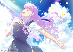1girl artist_name blue_sky blunt_bangs braid cloud commentary_request dress grey_dress hand_on_own_chest highres light_particles long_hair love_live! love_live!_superstar!! musashiya_chougenbou neck_ribbon open_mouth outstretched_arm petals purple_hair red_ribbon ribbon school_uniform shirt sky smile solo sunlight twitter_username white_shirt wien_margarete yuigaoka_school_uniform