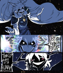 1boy 1girl alternate_form animal_ears asriel_dreemurr asriel_dreemurr_(god_of_hyperdeath) black_sclera cape colored_sclera december_holiday deltarune furry furry_male galaxy goat_boy goat_ears goat_horns hand_on_own_cheek hand_on_own_face heart_pendant heartbreak_juan highres horns open_mouth sky speech_bubble star_(sky) starry_sky white_cape white_eyes