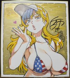 Rule 34 | 1girl, american flag, american flag print, bikini, blonde hair, blue eyes, blue nails, blush, blushing female, breasts, cleavage, colorized, earrings, flag print, gold background, hat, head tilt, heart, highres, jewelry, kiss, large breasts, long hair, looking at viewer, nudist beach ni shuugakuryokou de!!, open mouth, shikishi, shiwasu no okina, sign, signature, solo, sun hat, suomi-sensei, swimsuit, tagme, tilted head, traditional media, visible ears, wavy hair, yellow background