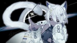 animal_ears black_hole black_sclera cat_ears cat_tail colored_sclera dark-skinned_female dark_skin gloomi_(kaneko_lumi) hair_ornament highres illu_kamo space spacesuit tail white_hair yellow_eyes