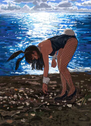 Rule 34 | 1girl, absurdres, animal ear hairband, animal ears, beach, black hair, black leotard, black shoes, cloud, cloudy sky, fake animal ears, fake tail, fishnet pantyhose, fishnets, full body, hairband, high heels, highres, leotard, minahamu, ocean, original, outdoors, pantyhose, playboy bunny, rabbit ear hairband, rabbit ears, rabbit tail, shoes, sky, solo, tail, wrist cuffs