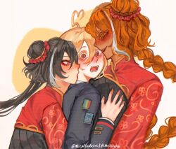 3girls black_coat black_dress black_hair blonde_hair blush braid coat don_quixote_(project_moon) double_bun dress eyeshadow family_hierarch_candidate_(identity)_(project_moon) freckles hair_bun highres ishmael_(project_moon) jia_xichun_(project_moon) kiss kissing_neck kiyo_(mistlilykyo) limbus_company long_hair long_sleeves looking_at_viewer makeup multicolored_hair multiple_girls open_mouth orange_hair pink_eyes project_moon red_eyes red_eyeshadow red_shrug short_hair simple_background streaked_hair surprised tails_(bug_ch3ss) twin_braids twintails upper_body very_long_hair white_background white_hair yellow_eyes yuri