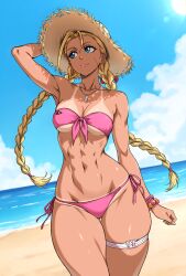 1girl abs bare_arms beach bead_bracelet beads bikini blonde_hair blue_eyes blue_sky bow bracelet braid breasts cammy_white cleavage closed_mouth cloud commentary day english_commentary gluteal_fold hair_bow hat highres jewelry navel ocean outdoors pink_bikini sky small_breasts smile solo standing straw_hat street_fighter street_fighter_6 swimsuit tan tanline thick_thighs thigh_strap thighs toned toned_female twin_braids wide_hips zantyarz