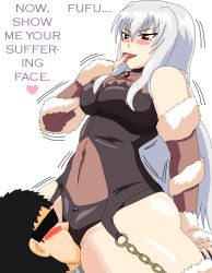1boy 1girl assertive_female faceless faceless_male femdom freia_kagami fur_trim hard-translated hetero highres leotard simple_background third-party_edit translated wrestle_angels wrestle_angels_survivor wrestler wrestling_outfit