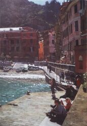 6+others absurdres beach boat brick_floor building highres mountain mountainous_horizon multiple_others naohiro_ito oil_painting_(medium) original outdoors painting_(medium) photorealistic realistic reflection reflective_water scenery shore town traditional_media water watercraft window