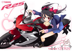 10s 1girl black_hair blazer bow bread bread_slice female_focus food food_in_mouth gradient_background hair_bow heart heart_background jacket looking_at_viewer love_live! love_live!_school_idol_project motor_vehicle motorcycle mouth_hold red_eyes school_uniform solo toast toast_in_mouth twintails vehicle yamaha yazawa_nico yoshiwo yzf-r25