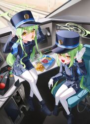 Rule 34 | 2girls, absurdres, arm up, armband, arms up, belt, blue archive, blue armband, chips (food), demon tail, fang, food, gloves, green hair, green halo, halo, hat, highres, hikari (blue archive), long hair, long sleeves, looking at viewer, multiple girls, nozomi (blue archive), open mouth, pantyhose, peaked cap, pointy ears, potato chips, pringle duck, shorts, siblings, sisters, sitting, sitting on hair, sitting on table, skirt, tail, tiokun7, train conductor, train interior, twins, twintails, white gloves, white pantyhose, yellow eyes