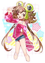 1girl ;d absurdres ahoge arm_at_side arm_up blue_shorts borrowed_character brown_eyes brown_hair coat commission cropped_legs denim denim_shorts feet_out_of_frame flat_chest flipped_hair frog_hair_ornament green_hairband hair_ornament hairband happy highres long_eyelashes long_sleeves looking_to_the_side one_eye_closed open_mouth original outline pink_coat raised_eyebrows second-party_source short_shorts shorts sideways_glance single_bare_shoulder single_off_shoulder single_sleeve_past_fingers skeb_commission smile solo standing tank_top twintails v w watermark white_outline white_tank_top yasubaru zipper zipper_pull_tab