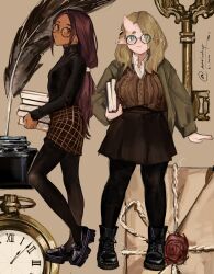 2girls black_pantyhose blonde_hair blush boots breasts brown_hair commentary dark-skinned_female dark_skin english_commentary envelope glasses green_eyes hair_ornament highres hikimayu horns inkwell key long_hair multiple_girls nashidrop original pantyhose pocket_watch pointy_ears quill single_horn skin-covered_horns skirt smile turtleneck watch