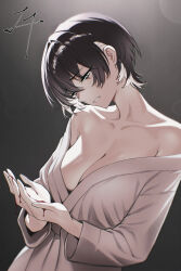 1girl bare_shoulders black_background black_hair blood blue_eyes breasts cleavage collarbone ei_(eiei_e1) gradient_background hair_between_eyes highres large_breasts looking_down off_shoulder original short_hair solo