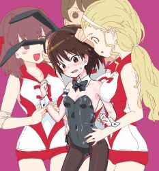 4girls animal_ears black_bow black_bowtie black_leotard black_pantyhose blonde_hair blush bow bowtie breasts brown_eyes brown_hair buruma covered_navel fake_animal_ears girls_und_panzer highres isobe_noriko kawanishi_shinobu kondou_taeko large_breasts leotard long_hair looking_at_another monolith_(suibou_souko) multiple_girls open_mouth pantyhose pink_background playboy_bunny ponytail rabbit_ears red_buruma sasaki_akebi short_hair simple_background small_breasts smile sportswear sweat volleyball_uniform wrist_cuffs yuri