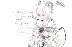 Rule 34 | 2girls, absurdres, armband, bags under eyes, blush, closed eyes, closed mouth, curled horns, demon tail, english text, gloves, greyscale, hair ornament, highres, horns, hug, hug from behind, long hair, looking up, mikori, monochrome, multiple girls, no headwear, parted lips, phoebe (wuthering waves), sash, squiggle, tail, wuthering waves, x hair ornament, zani (wuthering waves)