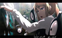1girl black_border black_dress border creatures_(company) crossover dated dress game_freak gen_2_pokemon kantai_collection letterboxed light_brown_hair long_sleeves michishio_(kancolle) nintendo okada_fumi one-hour_drawing_challenge open_mouth pinafore_dress pokemon pokemon_(creature) shirt sleeveless sleeveless_dress twitter_username unown unown_d unown_e unown_f unown_n unown_t unown_v upper_body white_shirt