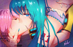 2girls aqua_eyes aqua_hair aqua_nails arm_tattoo blue_nails closed_eyes hatsune_miku kiss looking_at_viewer megurine_luka multiple_girls neige_hakobiya number_tattoo pink_hair tattoo vocaloid yuri