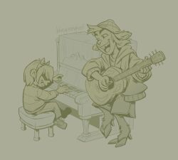 1girl 1other :d alt_text artist_name bluegreenghost commentary december_holiday deltarune english_commentary guitar hair_over_eyes hat highres horn_hairband instrument jacket kris_(deltarune) missing_tooth monochrome music open_mouth piano piano_bench playing_instrument playing_piano reindeer_girl shirt shoes shorts singing sitting smile sneakers striped_clothes striped_shirt