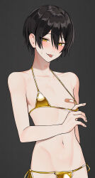 1boy :p absurdres agamemega arm_at_side bandaid bandaids_on_nipples bare_shoulders bikini bikini_top_pull black_background black_hair blush bulge collarbone cowboy_shot gold_bikini hair_between_eyes highres kogane-kun_(agamemega) looking_at_viewer male_focus mole mole_under_eye navel original pasties pectorals short_hair side-tie_bikini_bottom simple_background solo stomach swimsuit tongue tongue_out yellow_eyes