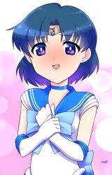 Rule 34 | 1girl, :d, back bow, bishoujo senshi sailor moon, blue bow, blue choker, blue eyes, blue hair, blue sailor collar, bow, bright pupils, choker, circlet, earrings, elbow gloves, flustered, furrowed brow, gloves, himehachi (hime8manga), jewelry, magical girl, mizuno ami, open mouth, sailor collar, sailor mercury, sailor senshi uniform, short hair, smile, solo, white gloves, white pupils