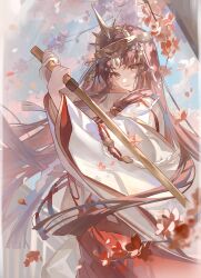 1girl absurdly_long_hair absurdres bell blinklikeer blue_sky bow branch brown_eyes brown_hair character_request cherry_blossoms chinese_commentary closed_mouth commentary_request crown day eyelashes falling_petals floating_clothes floating_hair flower gold_crown hair_bell hair_bow hair_ornament hakama hakama_skirt highres holding holding_sword holding_weapon japanese_clothes kariginu kimono lips long_hair long_sidelocks long_sleeves low-tied_sidelocks miko onmyoji outdoors parted_bangs petals pillar pink_flower pink_lips red_hakama sheath sheathed sidelocks skirt sky smile solo spring_(season) standing sword tassel tassel_hair_ornament very_long_hair weapon white_bow white_kimono wide_sleeves wind