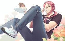 1boy absurdres androgynous black_shirt blue_pants cake chocolate commentary_request denim flower food foot_out_of_frame fork green_eyes grin gudou_no_kobushi happy_birthday highres holding holding_fork holding_plate jeans kengan_(series) kengan_ashura kengan_omega kureishi_mitsuyo long_hair male_focus muscular muscular_male pants pink_hair plate ponytail reclining scar scar_on_face scar_on_nose sentinel_1570 shirt shoes short_sleeves smile sneakers solo strawberry_shortcake t-shirt white_shoes